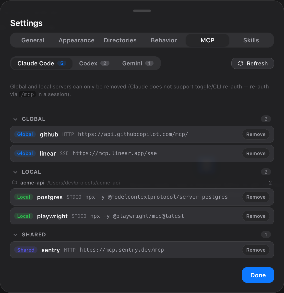 Rally Settings showing MCP servers grouped by global, local, and shared scope.