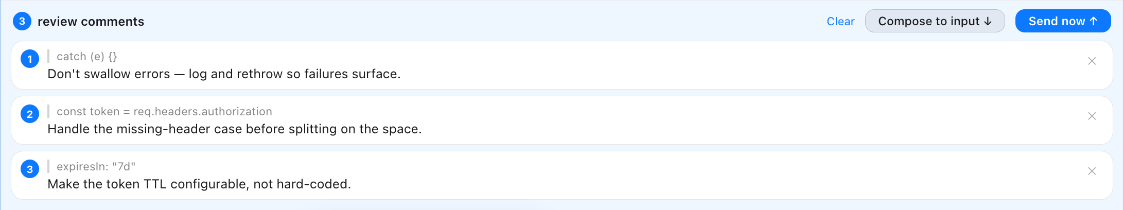 Rally's review basket: three span-level notes collected from one agent response, ready to send as a single instruction bundle.