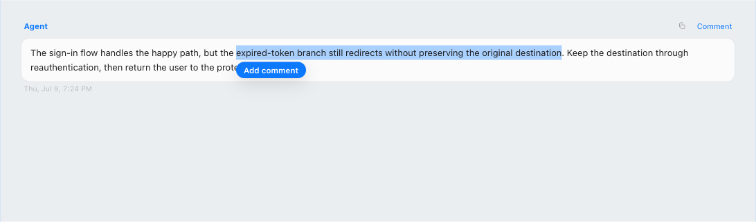 A precise phrase selected in a Rally agent response, with the Add comment action anchored to it.
