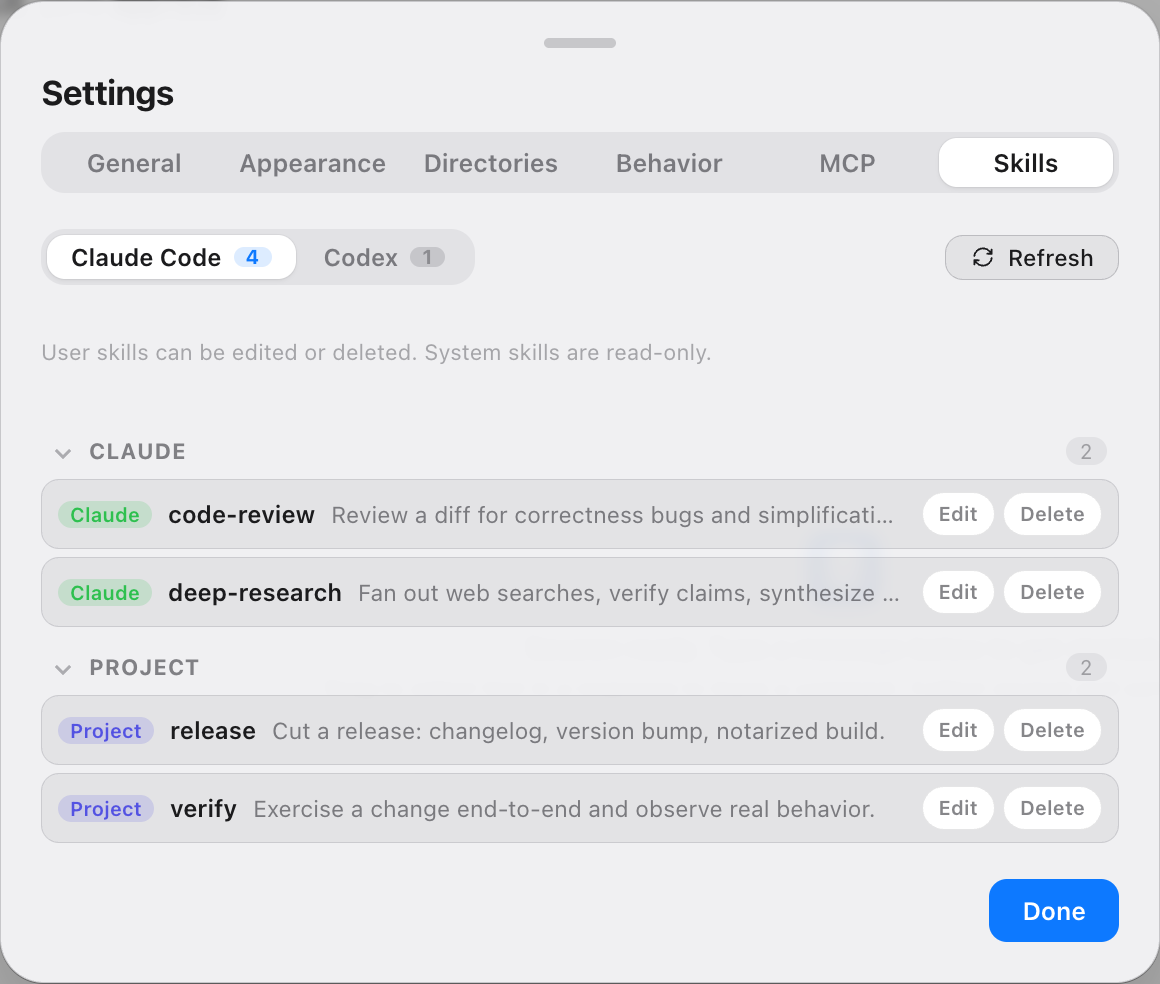 Rally Settings showing local Claude and Codex skills in one management view.