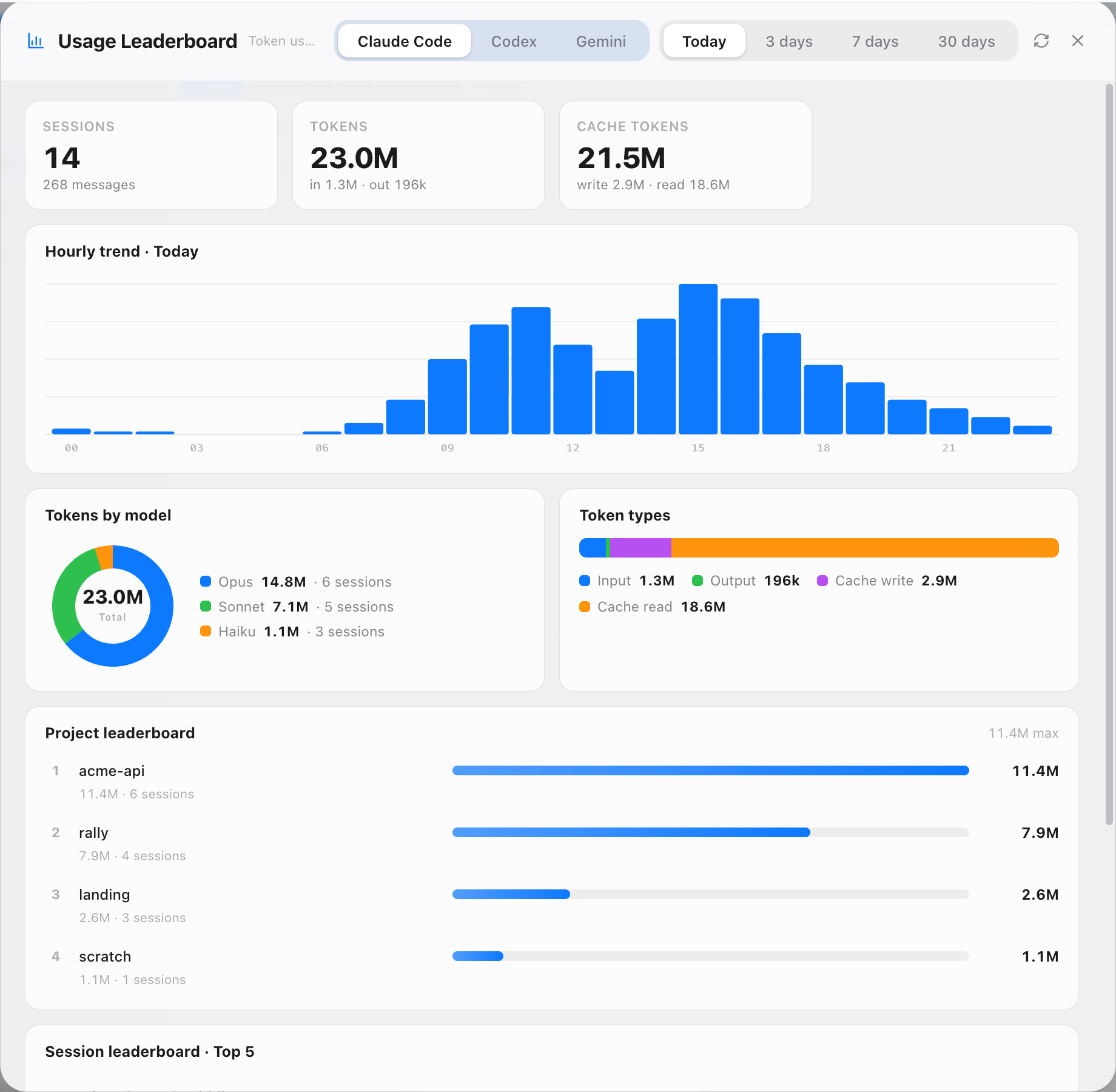Rally usage dashboard with token totals, hourly trend, token types, and project leaderboard.