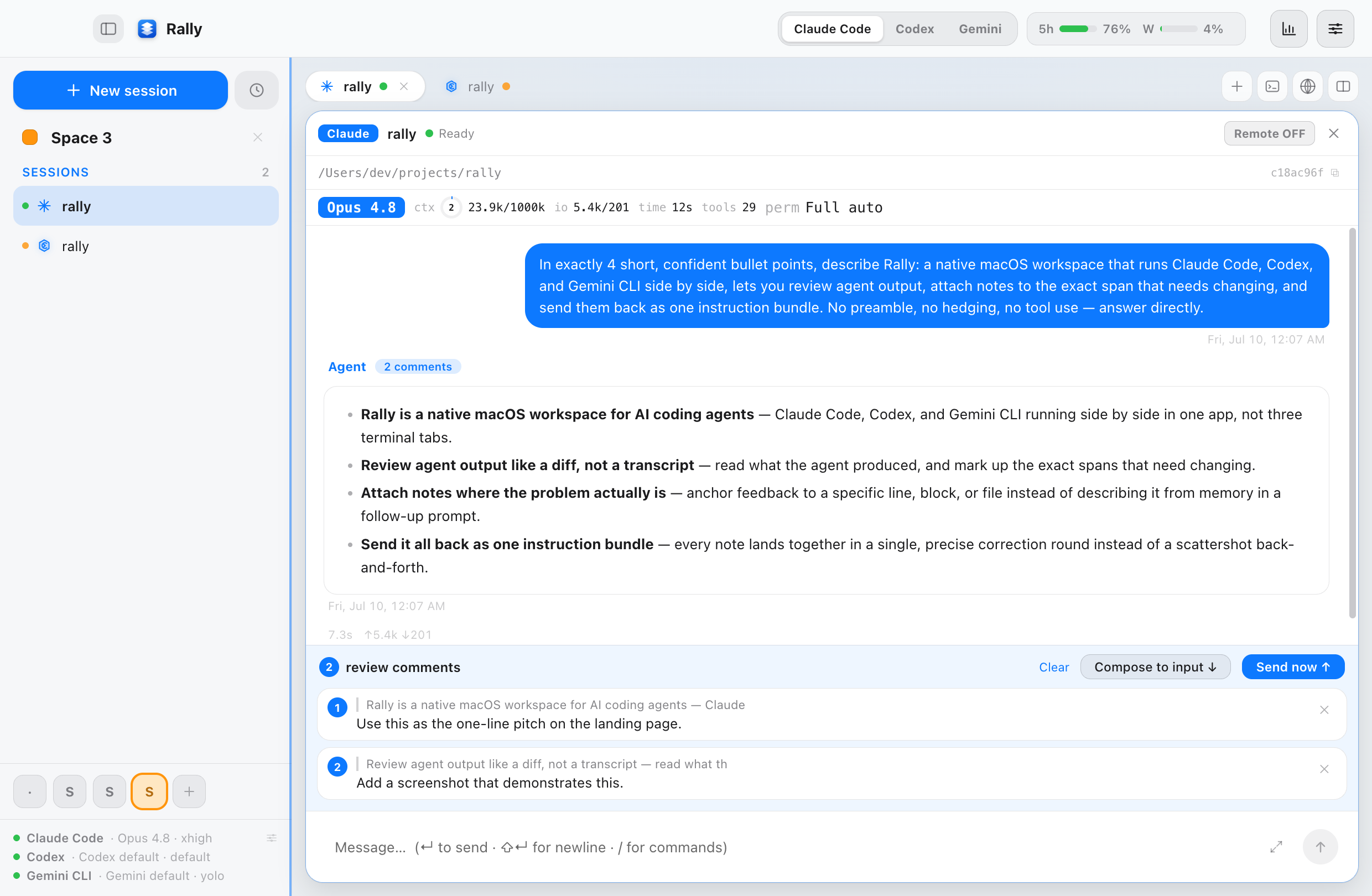 Rally workspace: a Claude Code session summarizing a project, with two review comments attached to the agent's output, running Codex alongside.