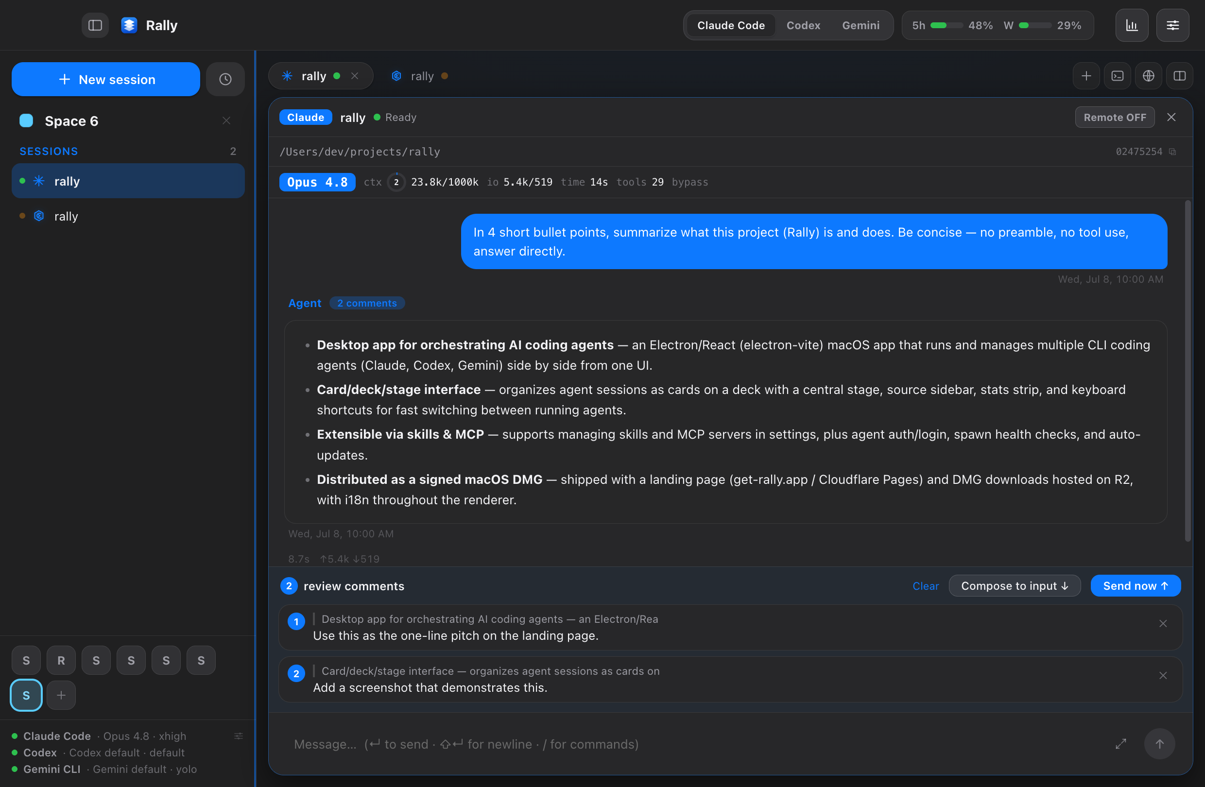 Rally workspace: a Claude Code session summarizing a project, with two review comments attached to the agent's output, running Codex alongside.